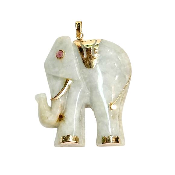 Vintage Jade Jewelry - 14K Jade Elephant Pendant - Lucky Celadon Jadeite Ruby Eye